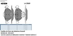   Icer Brakes 181860000 - JGO.PASTILLAS DLT. RENAULT LAGUNA II MEGANE II